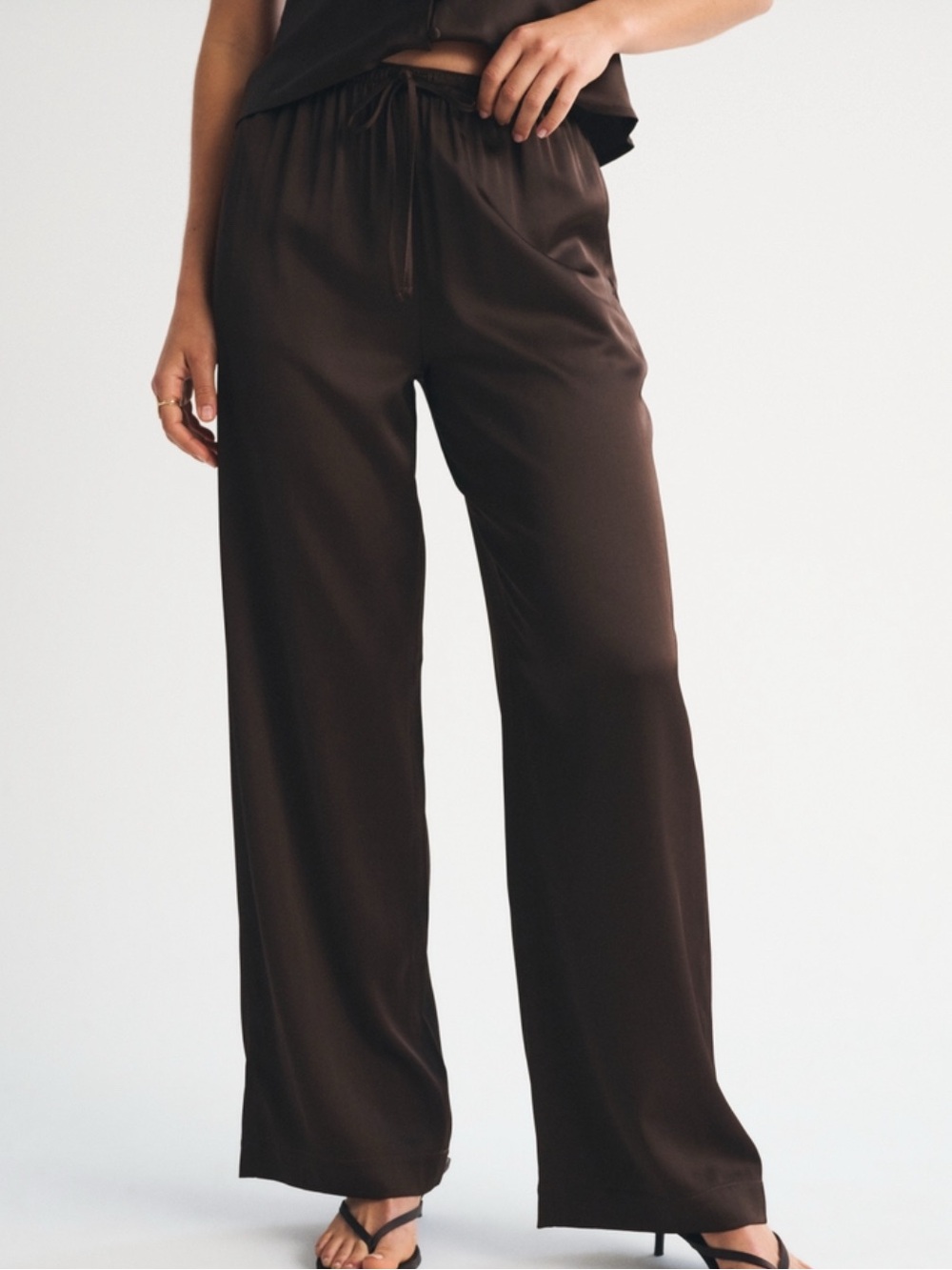 Abercrombie & Fitch Satin Wide-Leg Drawstring Pants in Chocolate Brown